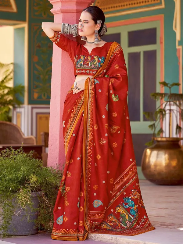 Red_Blended_Silk_Tussar_With_Kalamkari_Print_&_Printed_Border_Saree_For_Women_|_With_Unstitched_Blouse