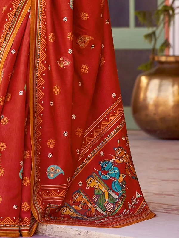 Red_Blended_Silk_Tussar_With_Kalamkari_Print_&_Printed_Border_Saree_For_Women_|_With_Unstitched_Blouse