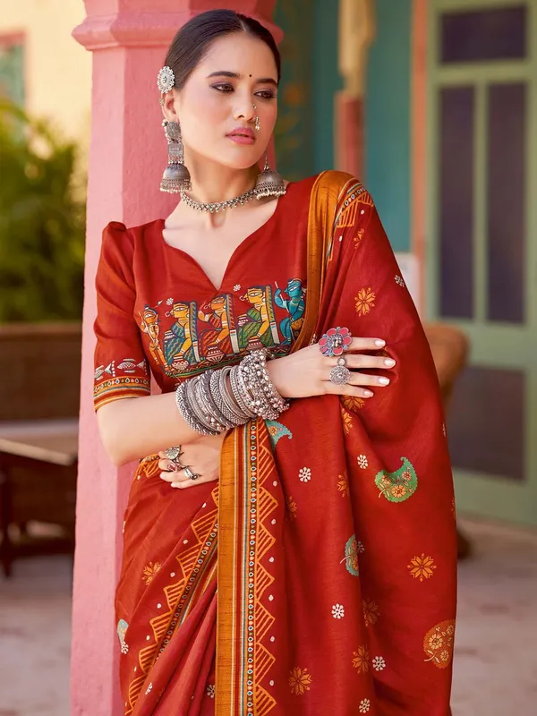 Red_Blended_Silk_Tussar_With_Kalamkari_Print_&_Printed_Border_Saree_For_Women_|_With_Unstitched_Blouse