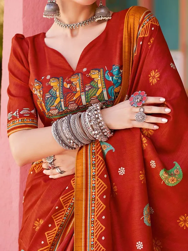 Red_Blended_Silk_Tussar_With_Kalamkari_Print_&_Printed_Border_Saree_For_Women_|_With_Unstitched_Blouse