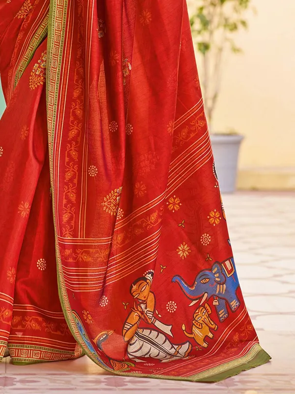 Red_Blended_Silk_Tussar_With_Kalamkari_Print_&_Printed_Border_Saree_For_Women_|_With_Unstitched_Blouse