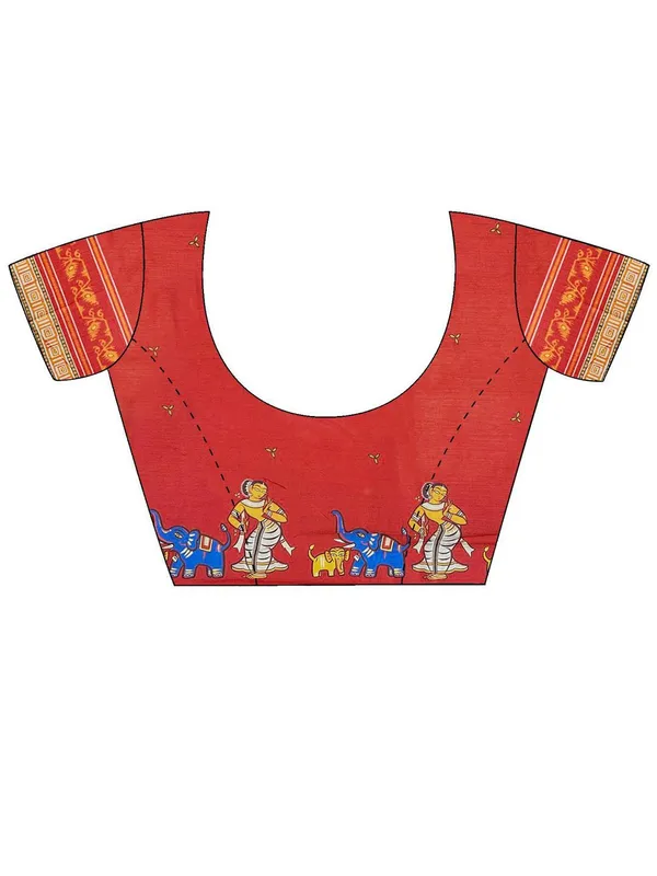 Red_Blended_Silk_Tussar_With_Kalamkari_Print_&_Printed_Border_Saree_For_Women_|_With_Unstitched_Blouse