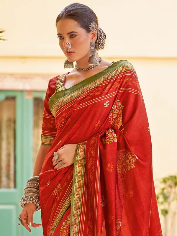 Red_Blended_Silk_Tussar_With_Kalamkari_Print_&_Printed_Border_Saree_For_Women_|_With_Unstitched_Blouse