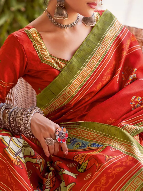 Red_Blended_Silk_Tussar_With_Kalamkari_Print_&_Printed_Border_Saree_For_Women_|_With_Unstitched_Blouse