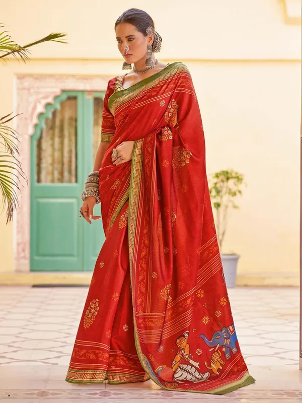 Red_Blended_Silk_Tussar_With_Kalamkari_Print_&_Printed_Border_Saree_For_Women_|_With_Unstitched_Blouse