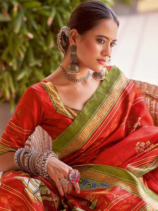 Red_Blended_Silk_Tussar_With_Kalamkari_Print_&_Printed_Border_Saree_For_Women_|_With_Unstitched_Blouse