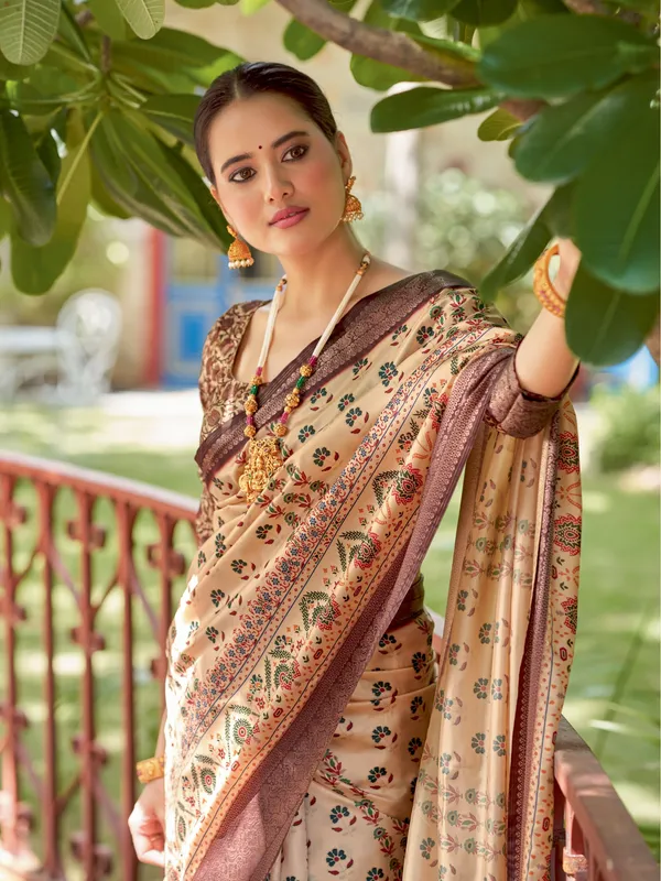 Cream_&_Brown_Ajrakh_Elegance_In_Italian_Silk_Saree_For_Women_|_With_Unstitched_Blouse
