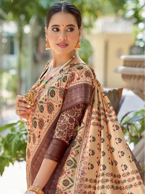 Cream_&_Brown_Ajrakh_Elegance_In_Italian_Silk_Saree_For_Women_|_With_Unstitched_Blouse