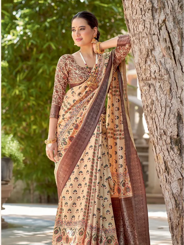 Cream_&_Brown_Ajrakh_Elegance_In_Italian_Silk_Saree_For_Women_|_With_Unstitched_Blouse