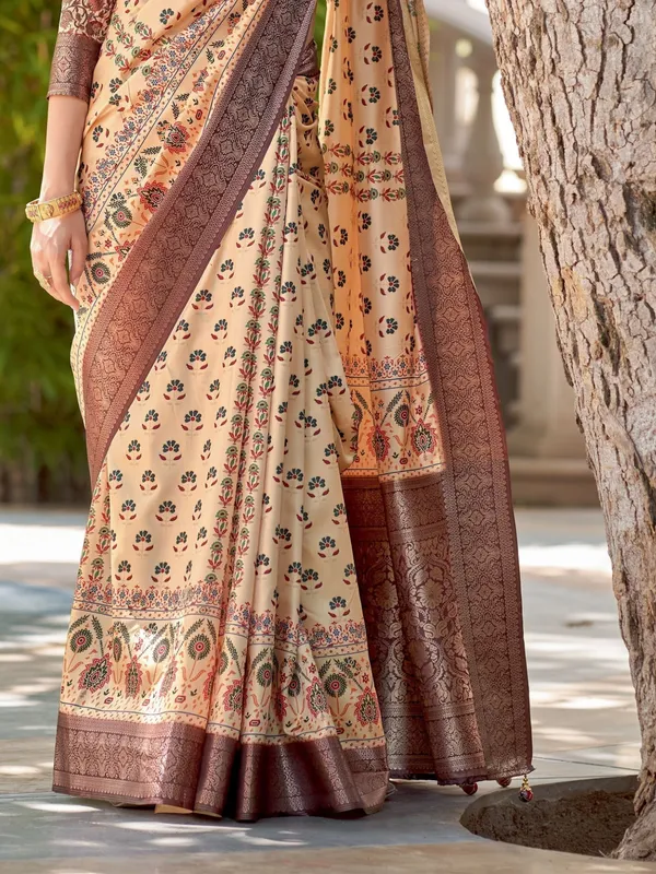 Cream_&_Brown_Ajrakh_Elegance_In_Italian_Silk_Saree_For_Women_|_With_Unstitched_Blouse