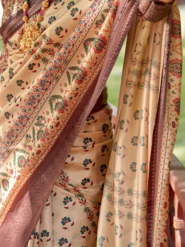 Cream_&_Brown_Ajrakh_Elegance_In_Italian_Silk_Saree_For_Women_|_With_Unstitched_Blouse