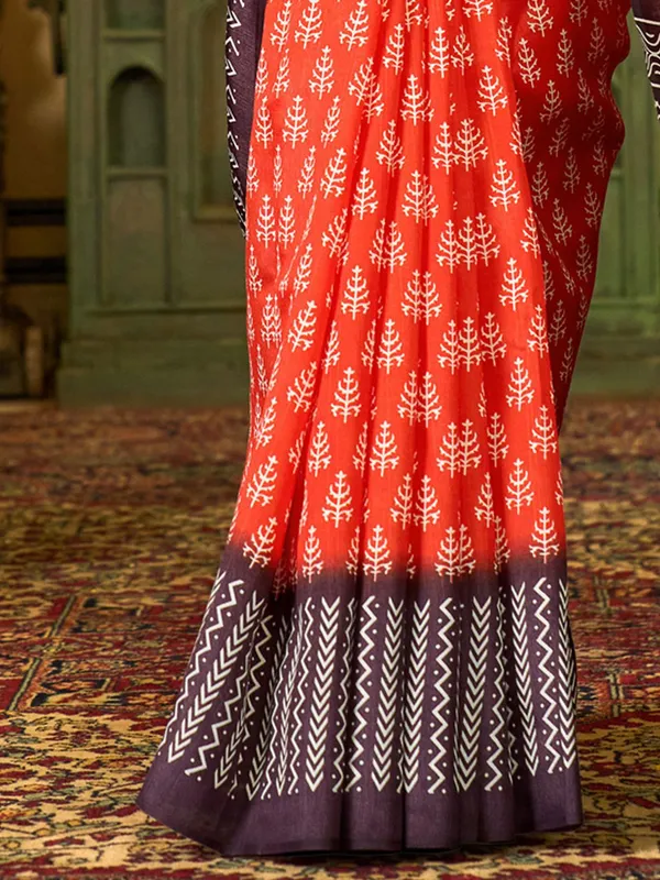 Red_&_Brown_Blended_Silk_Bhagalpuri_Style_Block_Print_Saree_For_Women_|_With_Unstitched_Blouse