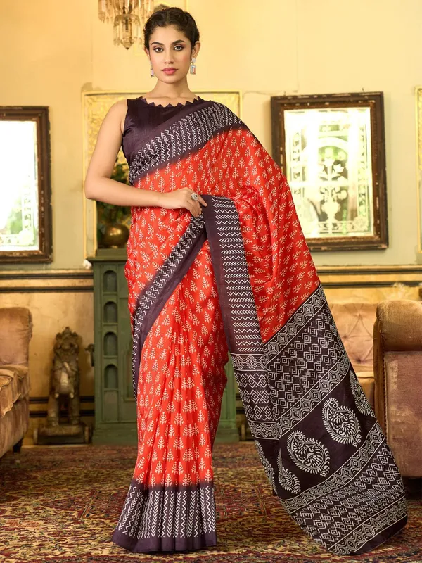 Red_&_Brown_Blended_Silk_Bhagalpuri_Style_Block_Print_Saree_For_Women_|_With_Unstitched_Blouse
