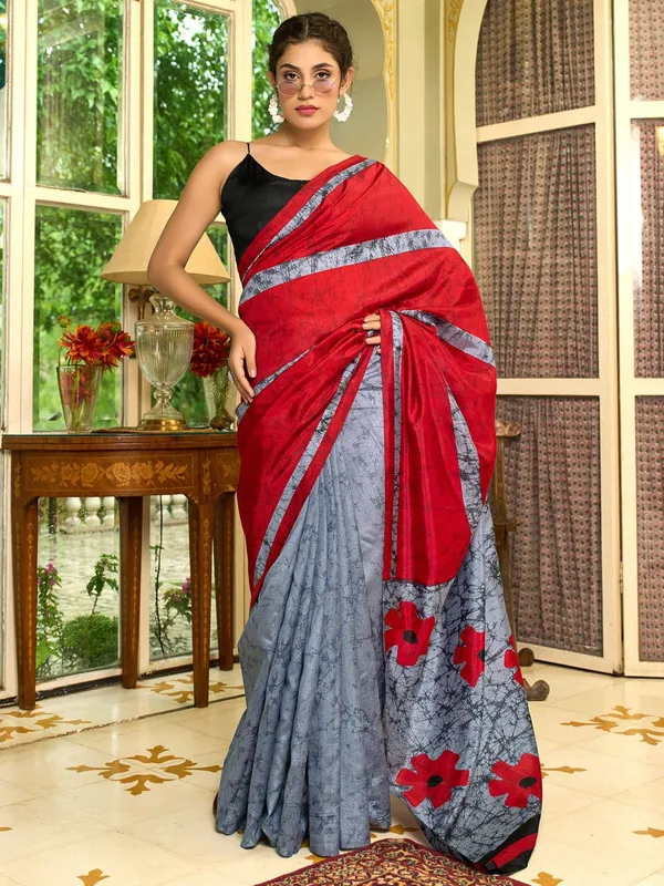 Red_&_Grey_Blended_Silk_Bhagalpuri_Style_Block_Print_Saree_For_Women_|_With_Unstitched_Blouse