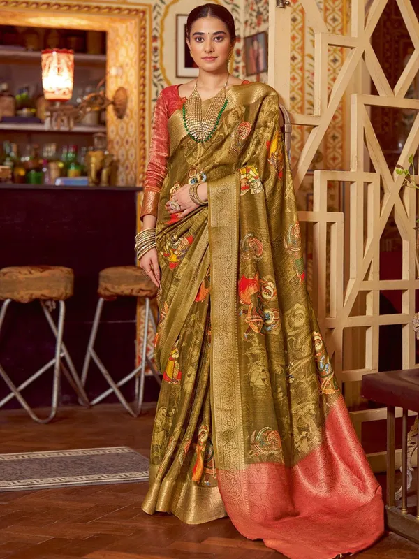 Mehendi_Green_&_Red_Kalamkari_Elegance_With_Sungudi_Soul_Saree_For_Women_|_With_Unstitched_Blouse