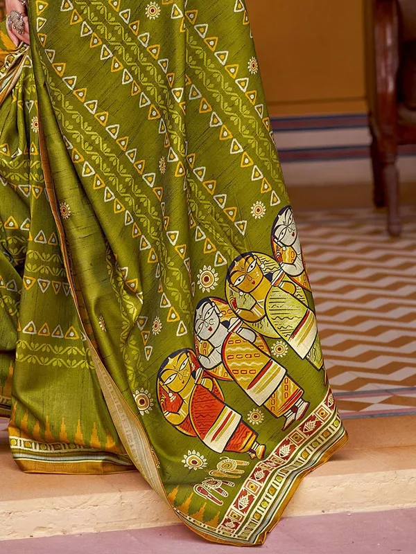 Mehendi_Green_Blended_Silk_Tussar_With_Kalamkari_Print_&_Printed_Border_Saree_For_Women_|_With_Unstitched_Blouse