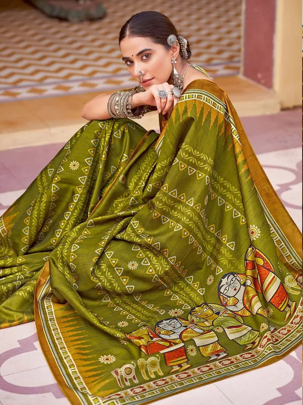 Mehendi_Green_Blended_Silk_Tussar_With_Kalamkari_Print_&_Printed_Border_Saree_For_Women_|_With_Unstitched_Blouse