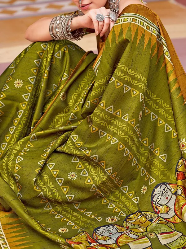 Mehendi_Green_Blended_Silk_Tussar_With_Kalamkari_Print_&_Printed_Border_Saree_For_Women_|_With_Unstitched_Blouse