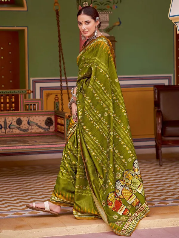 Mehendi_Green_Blended_Silk_Tussar_With_Kalamkari_Print_&_Printed_Border_Saree_For_Women_|_With_Unstitched_Blouse