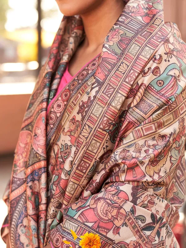 Beige_&_Pink_Elegant_Madhubani_Digital_Print_Saree_For_Women_|_With_Unstitched_Blouse