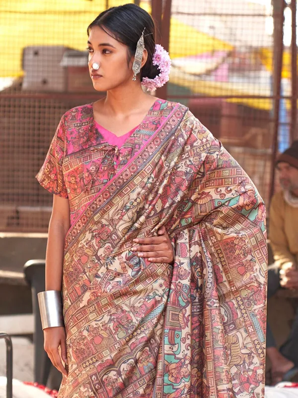 Beige_&_Pink_Elegant_Madhubani_Digital_Print_Saree_For_Women_|_With_Unstitched_Blouse