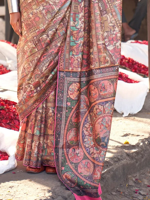 Beige_&_Pink_Elegant_Madhubani_Digital_Print_Saree_For_Women_|_With_Unstitched_Blouse