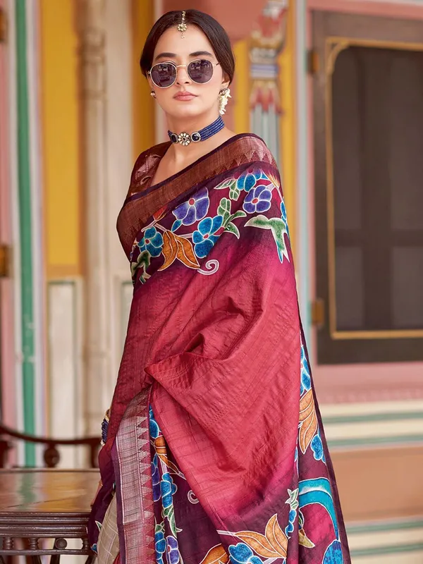 Maroon_Rajgharana_Kalamkari_Woven_Design_Saree_For_Women_|_With_Unstitched_Blouse