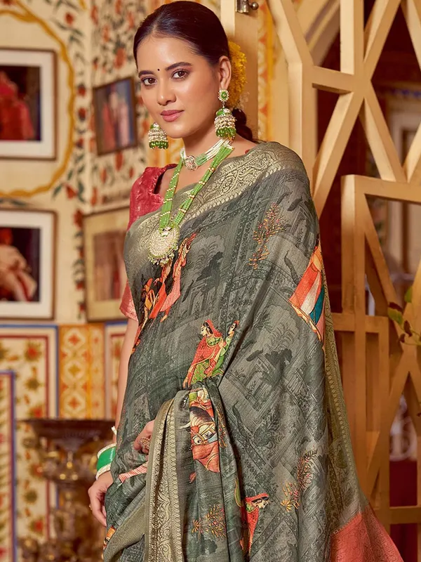 Grey_&_Red_Kalamkari_Elegance_With_Sungudi_Soul_Saree_For_Women_|_With_Unstitched_Blouse