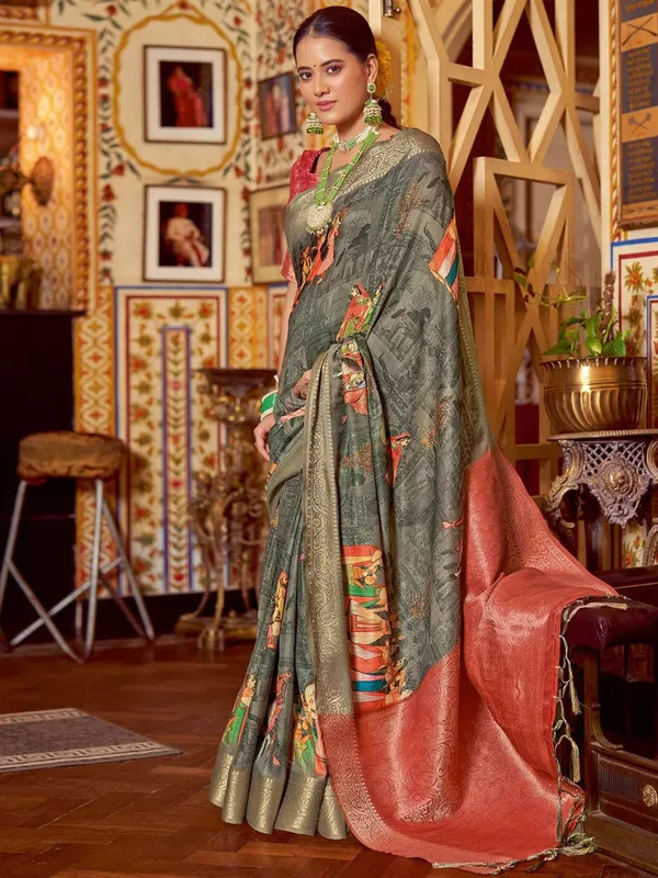 Grey_&_Red_Kalamkari_Elegance_With_Sungudi_Soul_Saree_For_Women_|_With_Unstitched_Blouse