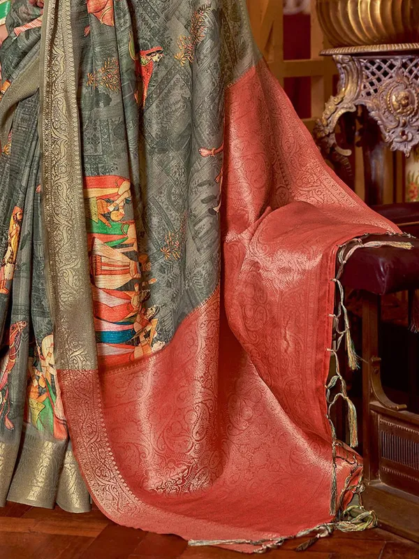 Grey_&_Red_Kalamkari_Elegance_With_Sungudi_Soul_Saree_For_Women_|_With_Unstitched_Blouse