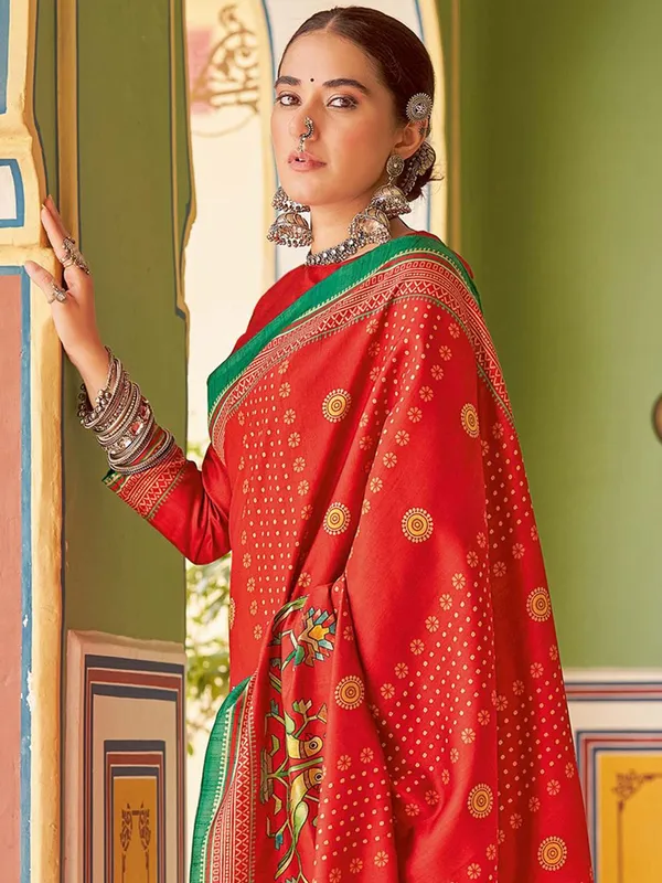 Red_Blended_Silk_Tussar_With_Kalamkari_Print_&_Printed_Border_Saree_For_Women_|_With_Unstitched_Blouse