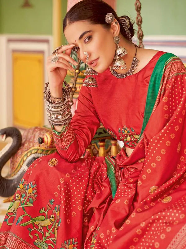 Red_Blended_Silk_Tussar_With_Kalamkari_Print_&_Printed_Border_Saree_For_Women_|_With_Unstitched_Blouse
