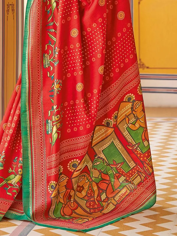 Red_Blended_Silk_Tussar_With_Kalamkari_Print_&_Printed_Border_Saree_For_Women_|_With_Unstitched_Blouse