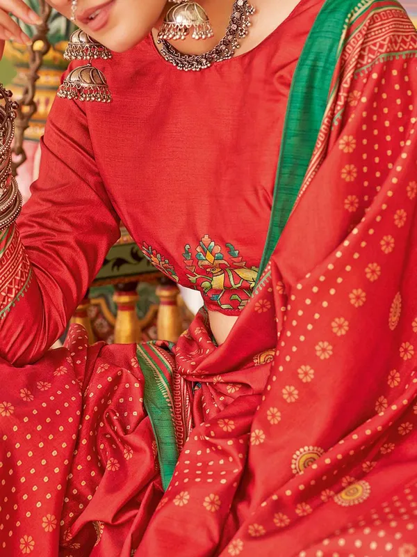 Red_Blended_Silk_Tussar_With_Kalamkari_Print_&_Printed_Border_Saree_For_Women_|_With_Unstitched_Blouse