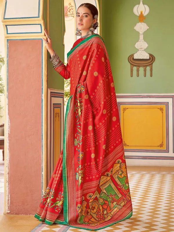 Red_Blended_Silk_Tussar_With_Kalamkari_Print_&_Printed_Border_Saree_For_Women_|_With_Unstitched_Blouse