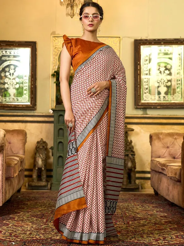 Off-White_&_Mustard_Blended_Silk_Bhagalpuri_Style_Block_Print_Saree_For_Women_|_With_Unstitched_Blouse