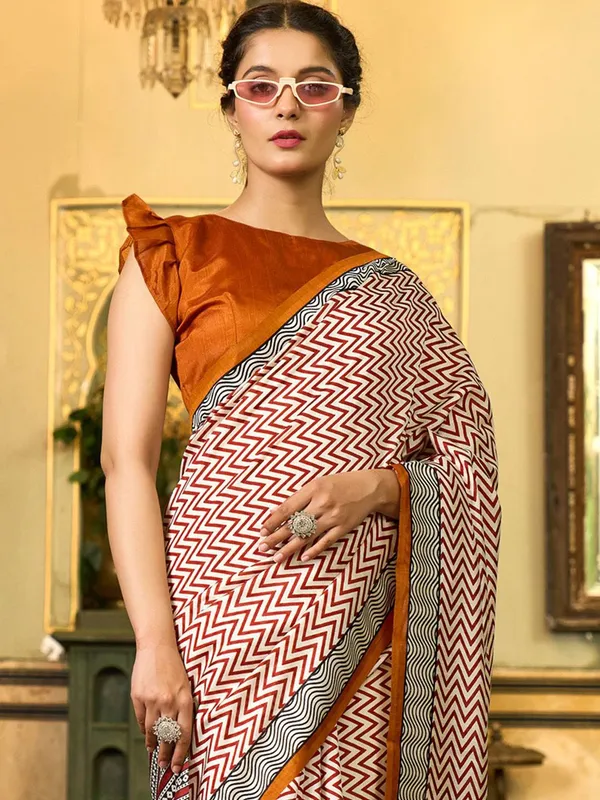 Off-White_&_Mustard_Blended_Silk_Bhagalpuri_Style_Block_Print_Saree_For_Women_|_With_Unstitched_Blouse