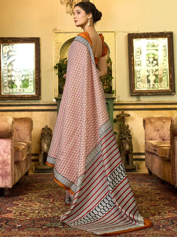 Off-White_&_Mustard_Blended_Silk_Bhagalpuri_Style_Block_Print_Saree_For_Women_|_With_Unstitched_Blouse
