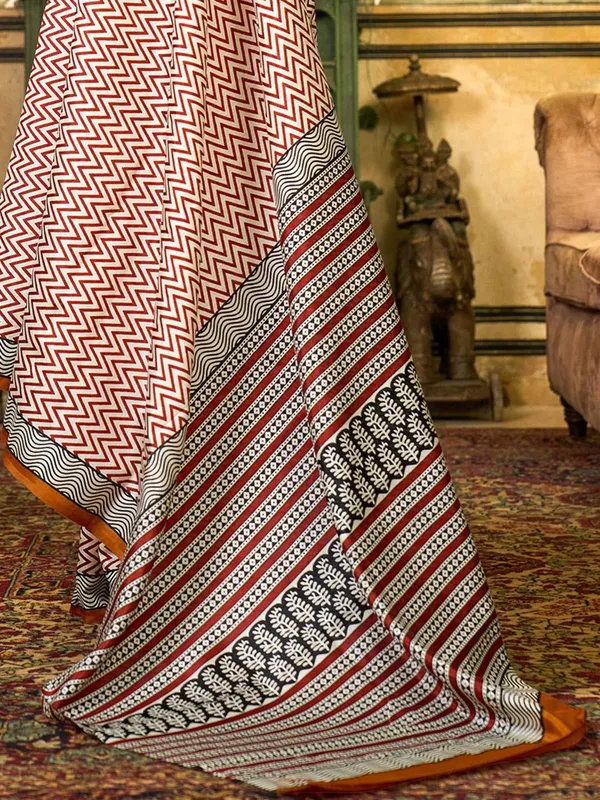 Off-White_&_Mustard_Blended_Silk_Bhagalpuri_Style_Block_Print_Saree_For_Women_|_With_Unstitched_Blouse