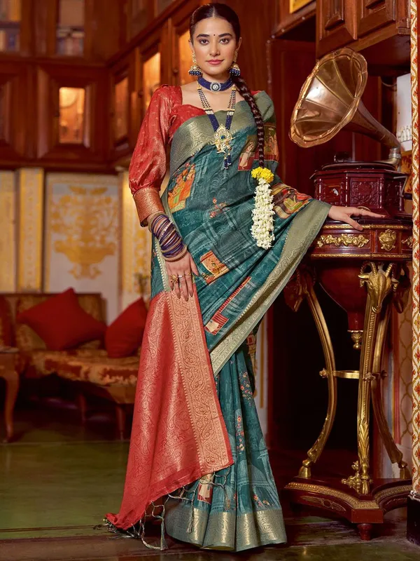Blue_&_Red_Kalamkari_Elegance_With_Sungudi_Soul_Saree_For_Women_|_With_Unstitched_Blouse