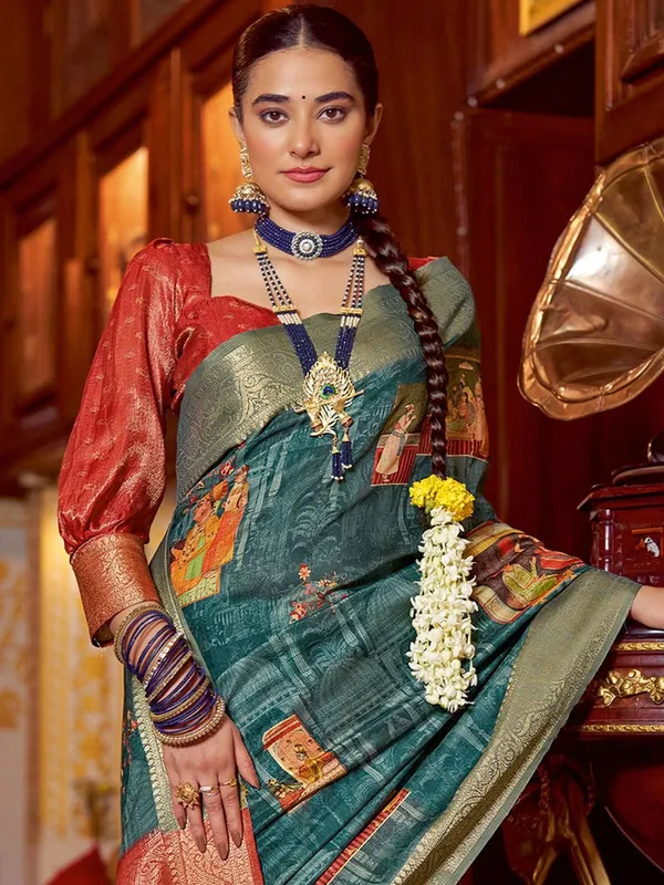 Blue_&_Red_Kalamkari_Elegance_With_Sungudi_Soul_Saree_For_Women_|_With_Unstitched_Blouse