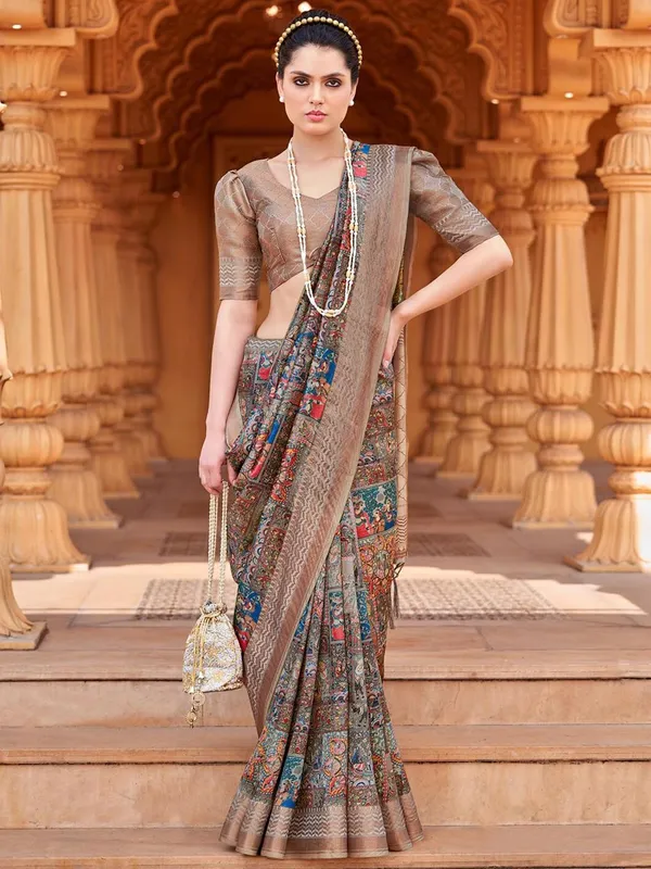 Beige_&_Blue_Banarasi_Silk_With_Luxurious_Zari_Detailing_&_Heritage_Motifs_Saree_For_Women_|_With_Unstitched_Blouse
