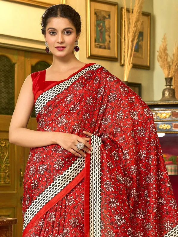 Red_Blended_Silk_Bhagalpuri_Style_Block_Print_Saree_For_Women_|_With_Unstitched_Blouse