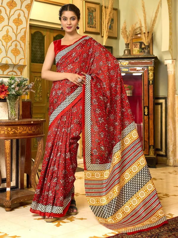 Red_Blended_Silk_Bhagalpuri_Style_Block_Print_Saree_For_Women_|_With_Unstitched_Blouse
