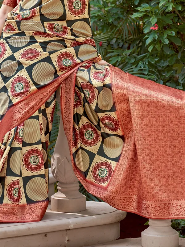 Red_Ajrakh_Elegance_In_Italian_Silk_Saree_For_Women_|_With_Unstitched_Blouse