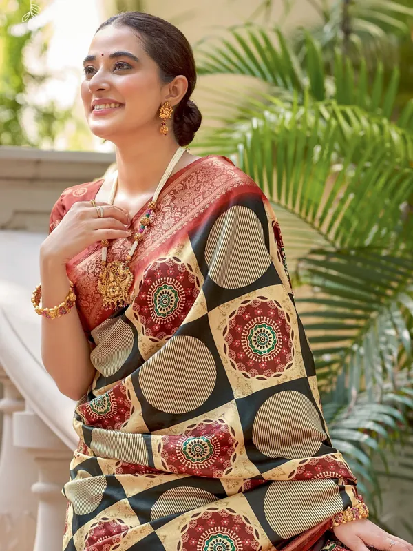 Red_Ajrakh_Elegance_In_Italian_Silk_Saree_For_Women_|_With_Unstitched_Blouse