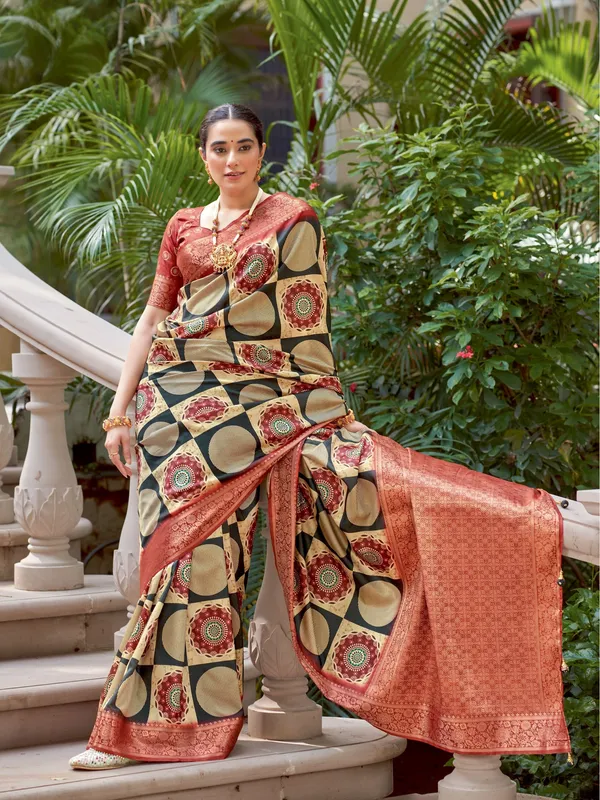Red_Ajrakh_Elegance_In_Italian_Silk_Saree_For_Women_|_With_Unstitched_Blouse