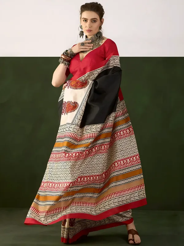 Pragati_Meher_-_Black_&_Cream_Bhagalpuri_Art_Silk_For_Timeless_Elegance_Saree_For_Women_|_With_Unstitched_Blouse