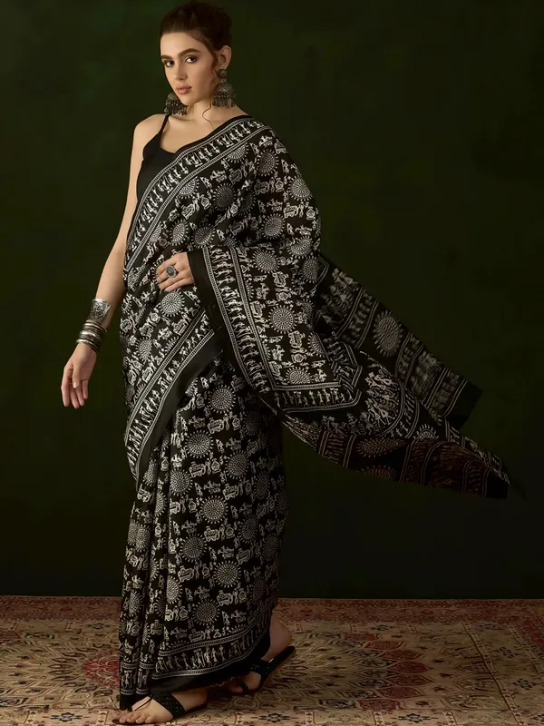 Pragati_Aavya_-_Black_&_White_Bhagalpuri_Art_Silk_With_Ethnic_Print_&_Solid_Border_Saree_For_Women_|_With_Unstitched_Blouse