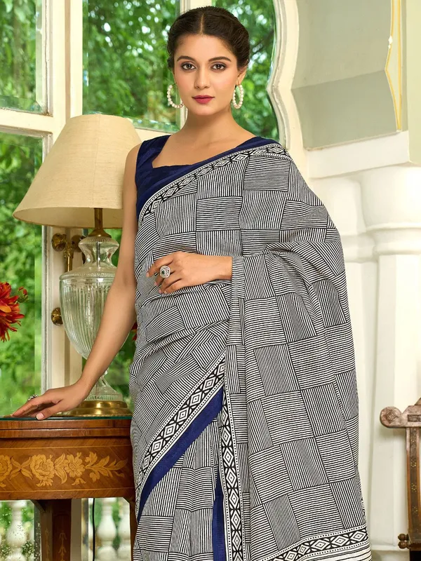 Black_&_White_Blended_Silk_Bhagalpuri_Style_Block_Print_Saree_For_Women_|_With_Unstitched_Blouse